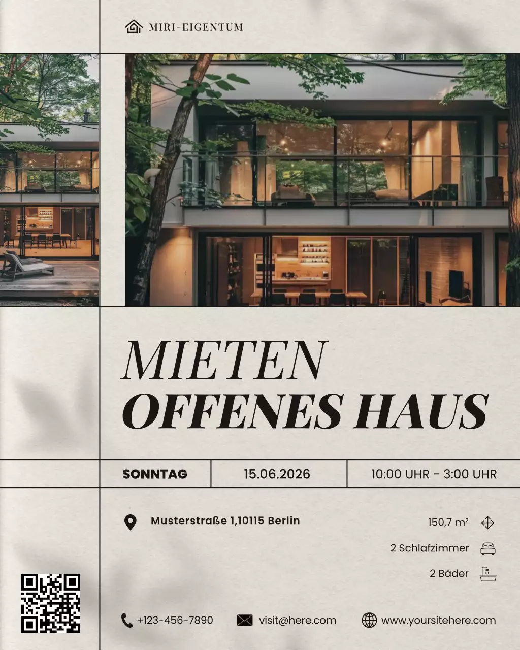 beigefarbener moderner Instagram-Beitrag zur Ankündigung eines Tages der offenen Tür für Immobilien