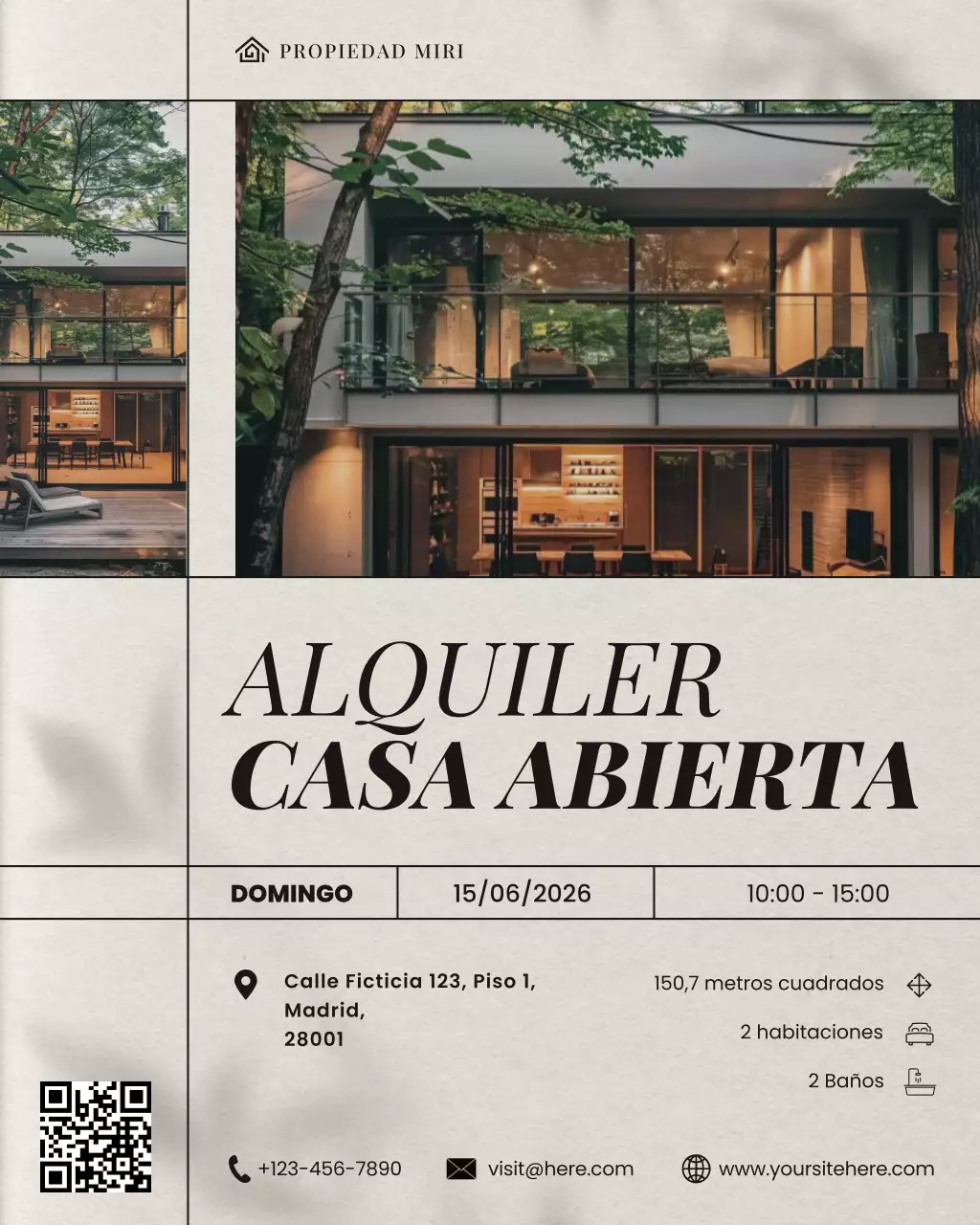 Publicación de Instagram para anunciar una jornada de puertas abiertas de una propiedad inmobiliaria moderna en beige.