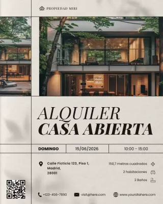 Publicación de Instagram para anunciar una jornada de puertas abiertas de una propiedad inmobiliaria moderna en beige.