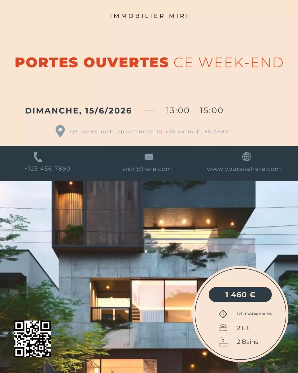 Publication Instagram de promotion de portes ouvertes immobilières modernes beiges et bleues