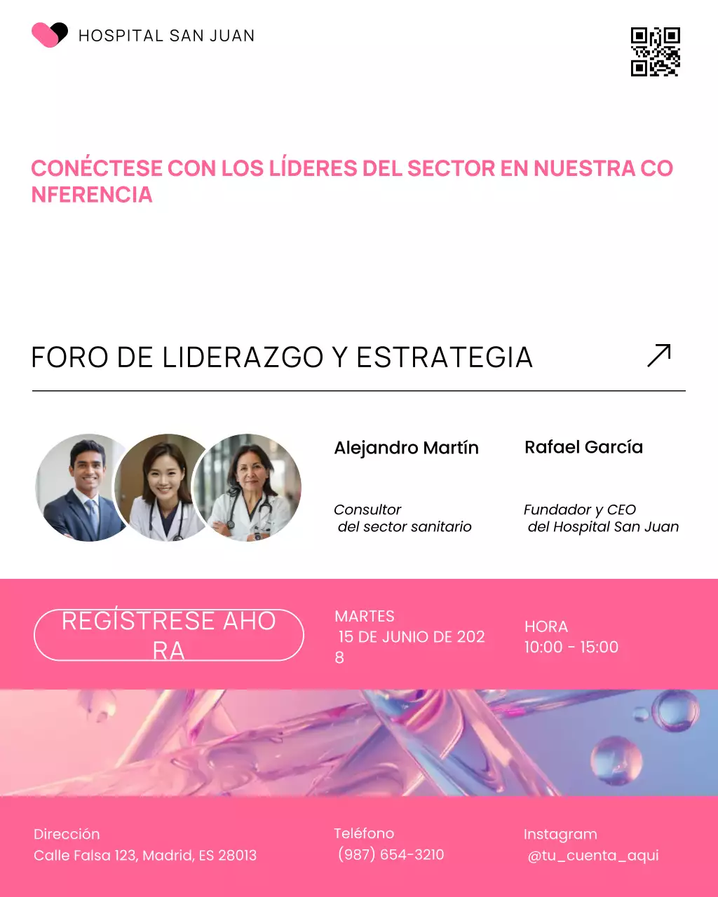 Publicación en redes sociales de la conferencia sobre atención médica moderna en blanco y rosa