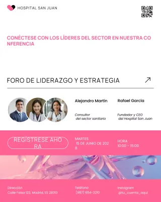 Publicación en redes sociales de la conferencia sobre atención médica moderna en blanco y rosa