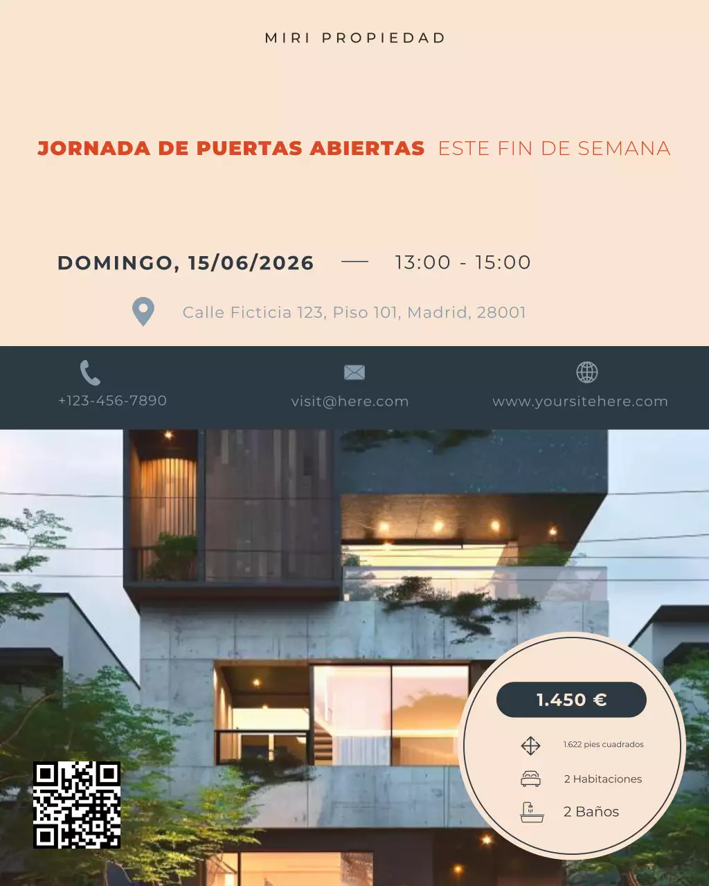 Publicación de Instagram para una promoción de puertas abiertas inmobiliaria moderna en beige y azul.