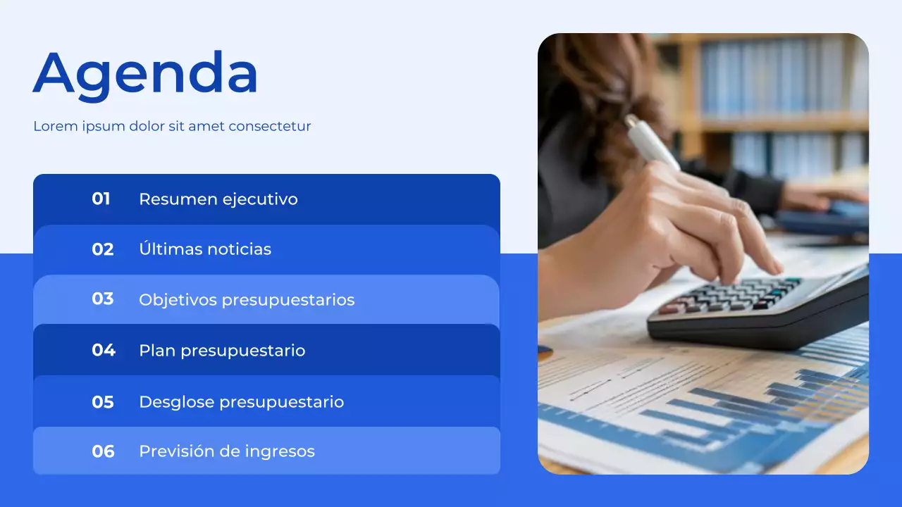 Presentación del Planificador de Presupuesto Azul y Blanco