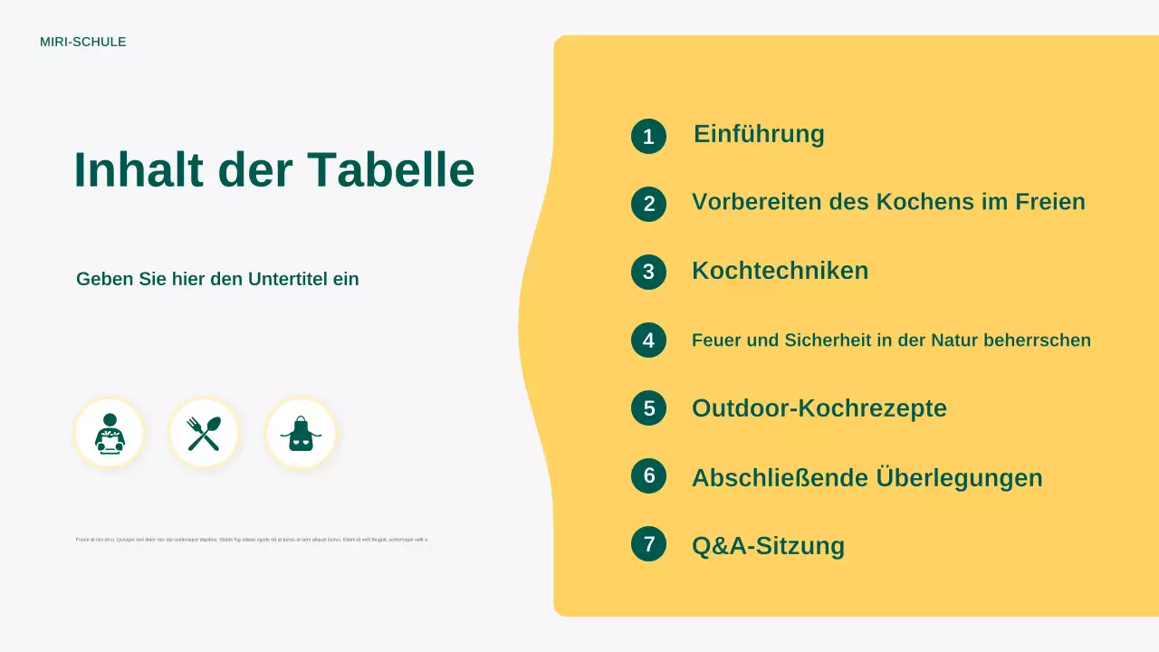 Gelbe moderne Ankündigung zum Kochen im Freien Präsentation