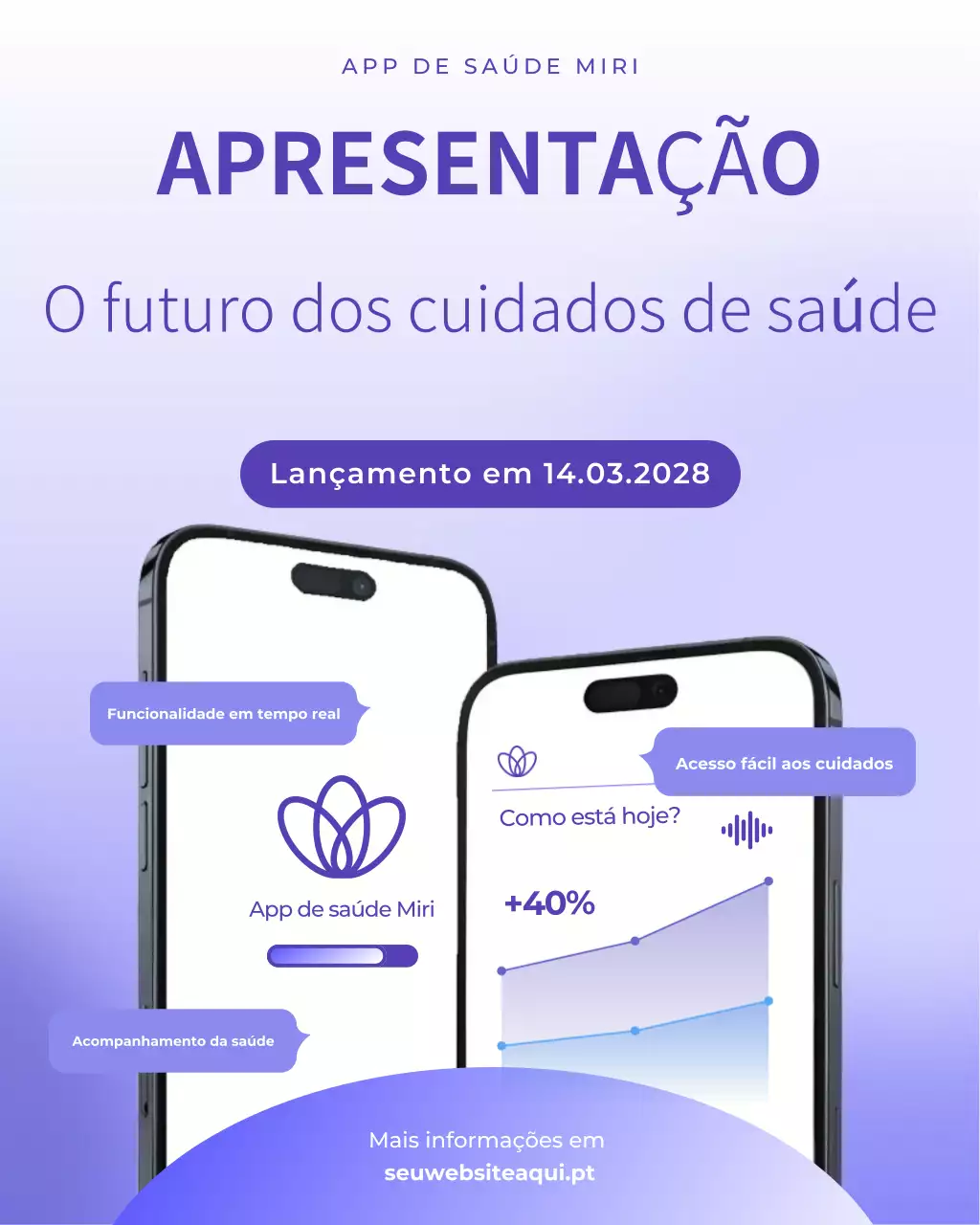 Postagem de introdução do aplicativo de saúde roxo e branco no Instagram