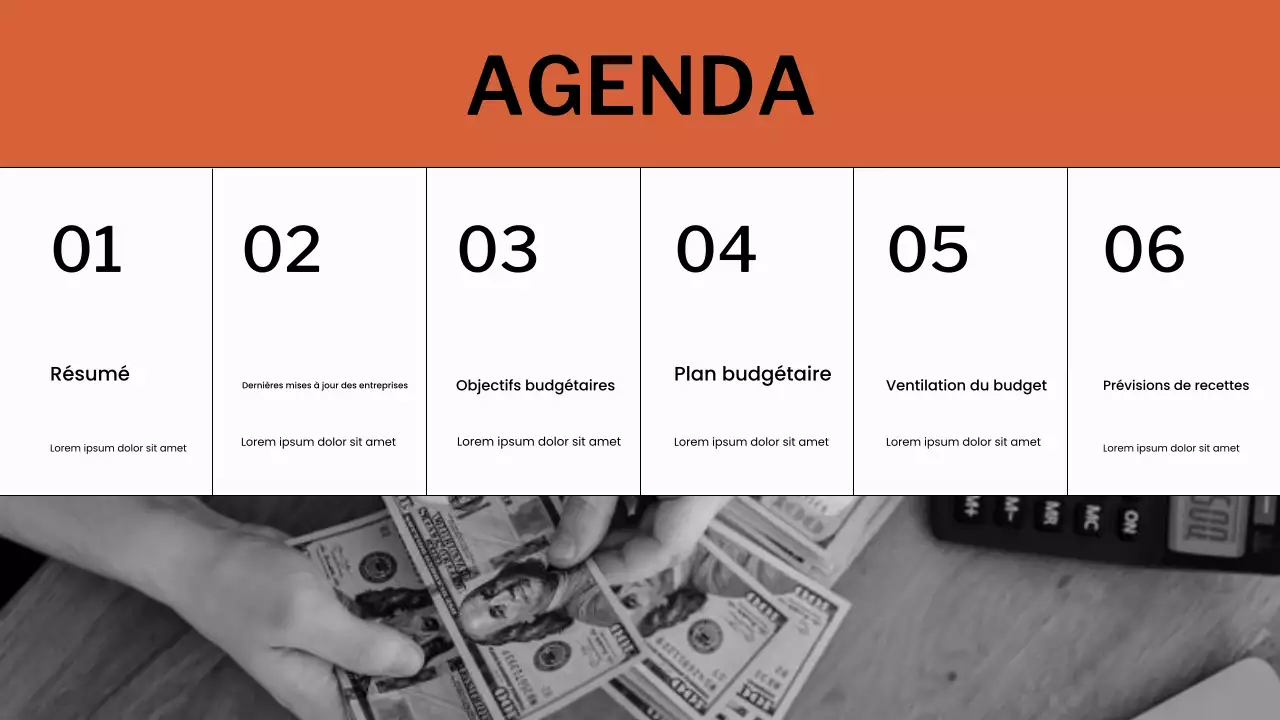 Présentation du planificateur budgétaire orange et blanc