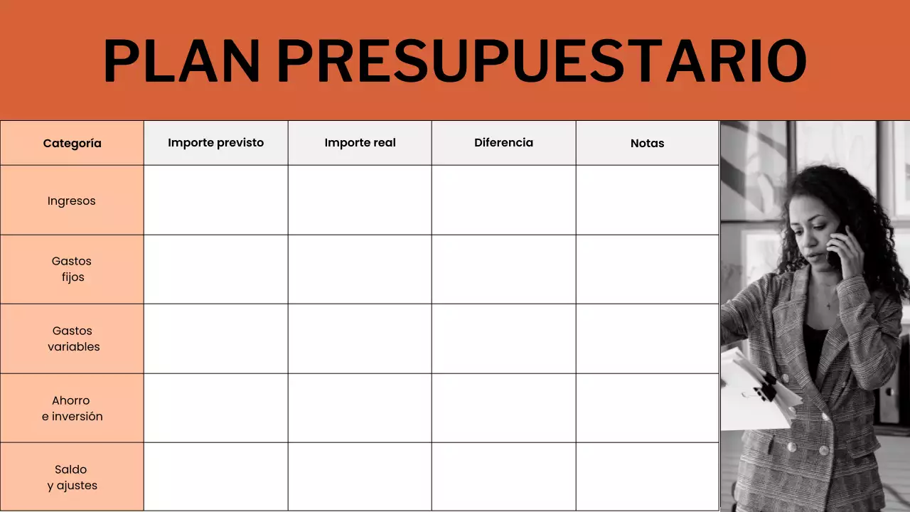 Presentación del planificador de presupuesto naranja y blanco