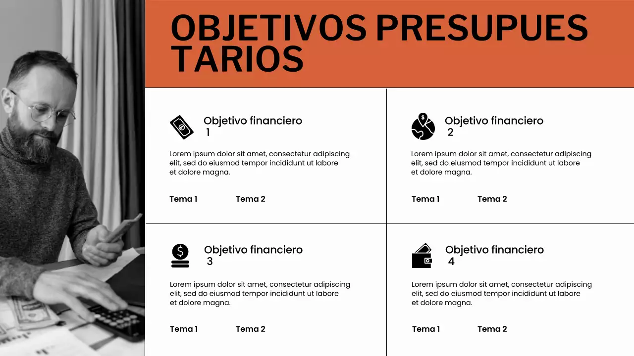 Presentación del planificador de presupuesto naranja y blanco