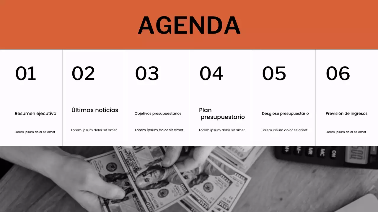 Presentación del planificador de presupuesto naranja y blanco