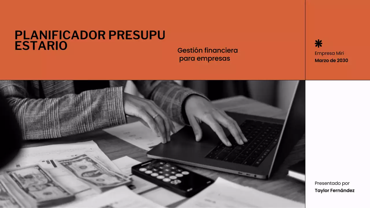 Presentación del planificador de presupuesto naranja y blanco