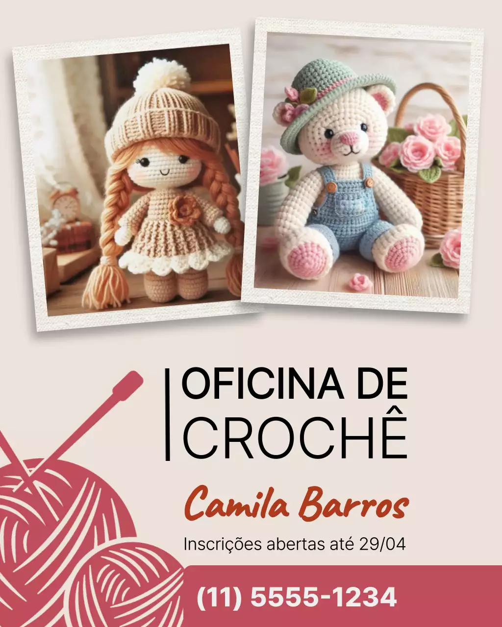 Postagem promocional de crochê lúdico bege no Instagram