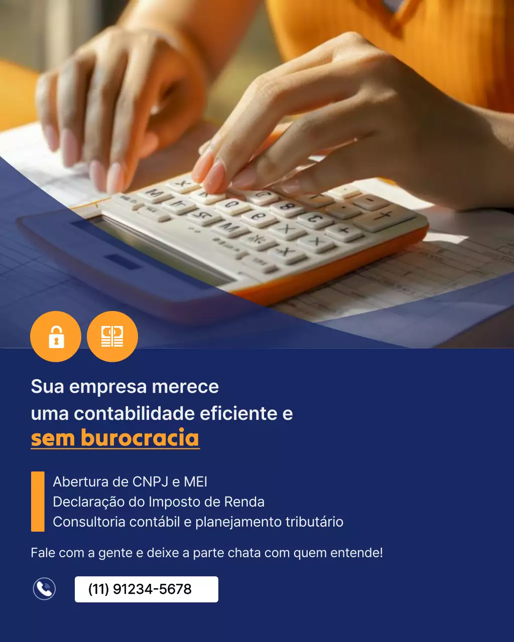 Publicação de anúncio de contabilidade moderna em azul e laranja no Instagram