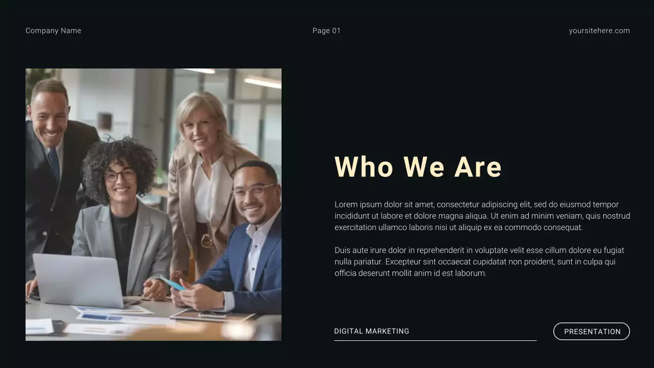 Apresentação de introdução à agência de marketing digital minimalista moderno em preto e branco