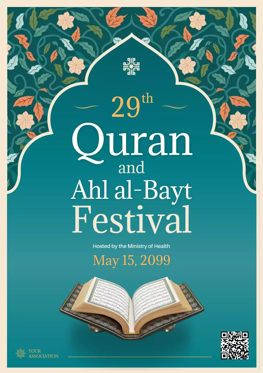 Teal Yellow Traditional Quran Family Festival Announcement Poster