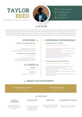 Verde e oro Semplice moderno elegante curriculum del rappresentante delle vendite