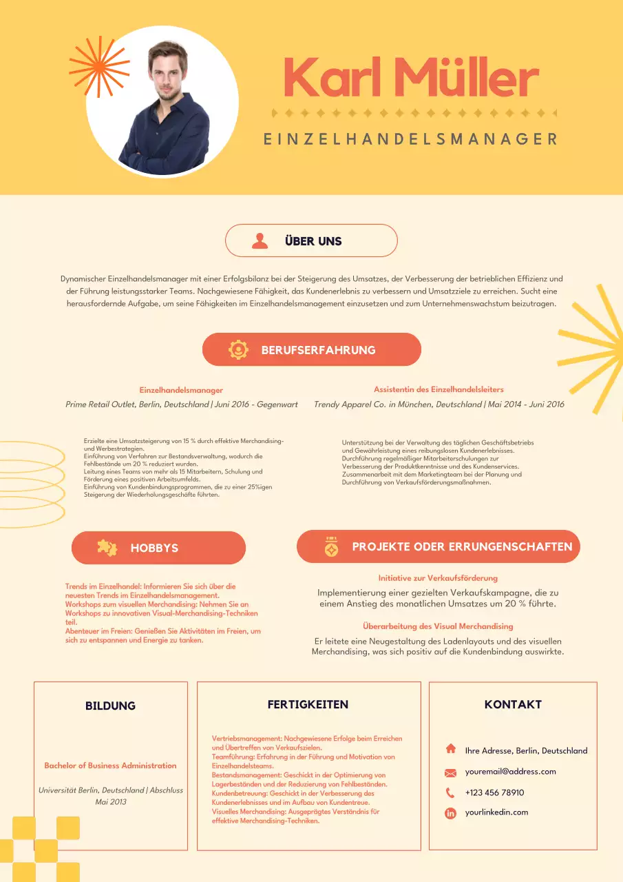 Yellow Orange Retail Manager Lebenslauf