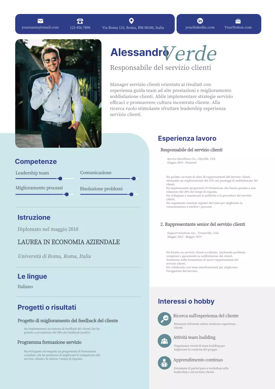 Blu Semplice Moderno Elegante Curriculum del Responsabile del Servizio Clienti