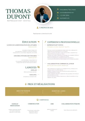Vert et or Simple Modern Elegant Sales Representative Resume (CV de représentant des ventes)