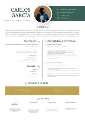 Verde y Dorado Simple Moderno Elegante Currículum de Representante de Ventas