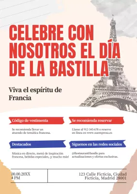 Rojo Azul Tradicional Promoción Celebración Día de la Bastilla en Restaurante