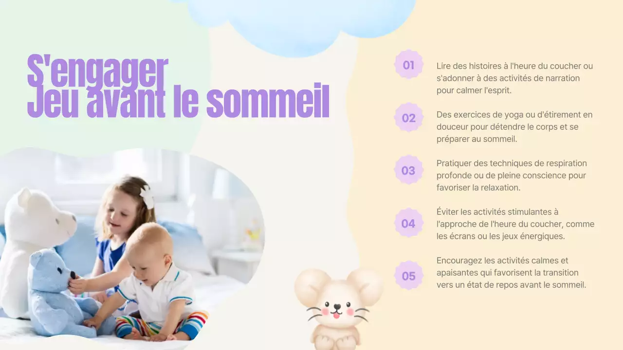 Guide du sommeil pour enfants rose pastel bleu jaune vert mignon et ludique