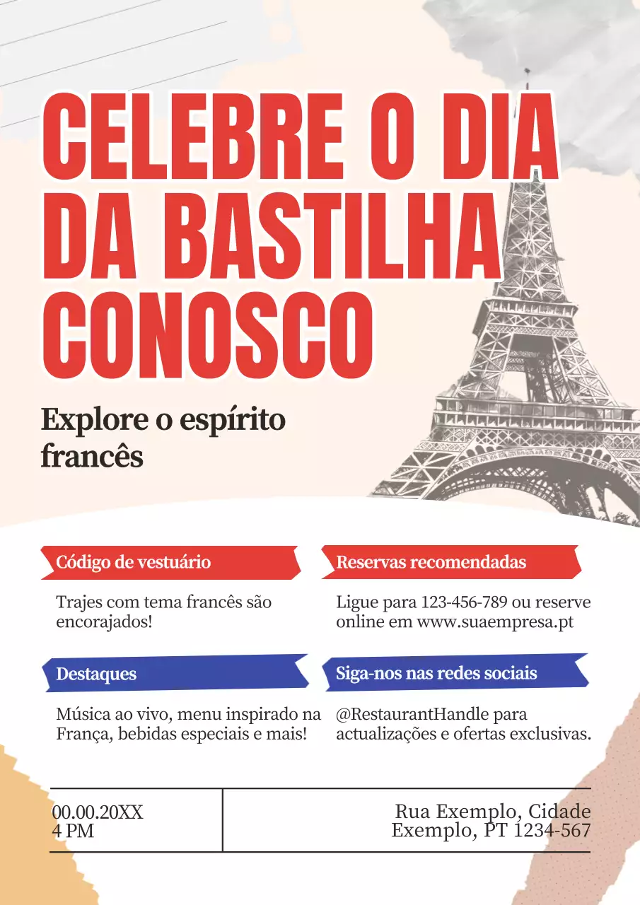 Promoção Tradicional Vermelho Azul Celebração do Dia da Bastilha no Restaurante