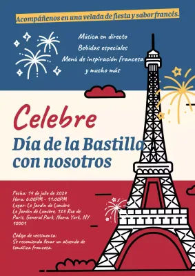 Cartel publicitario rojo y azul para celebrar el Día de la Bastilla