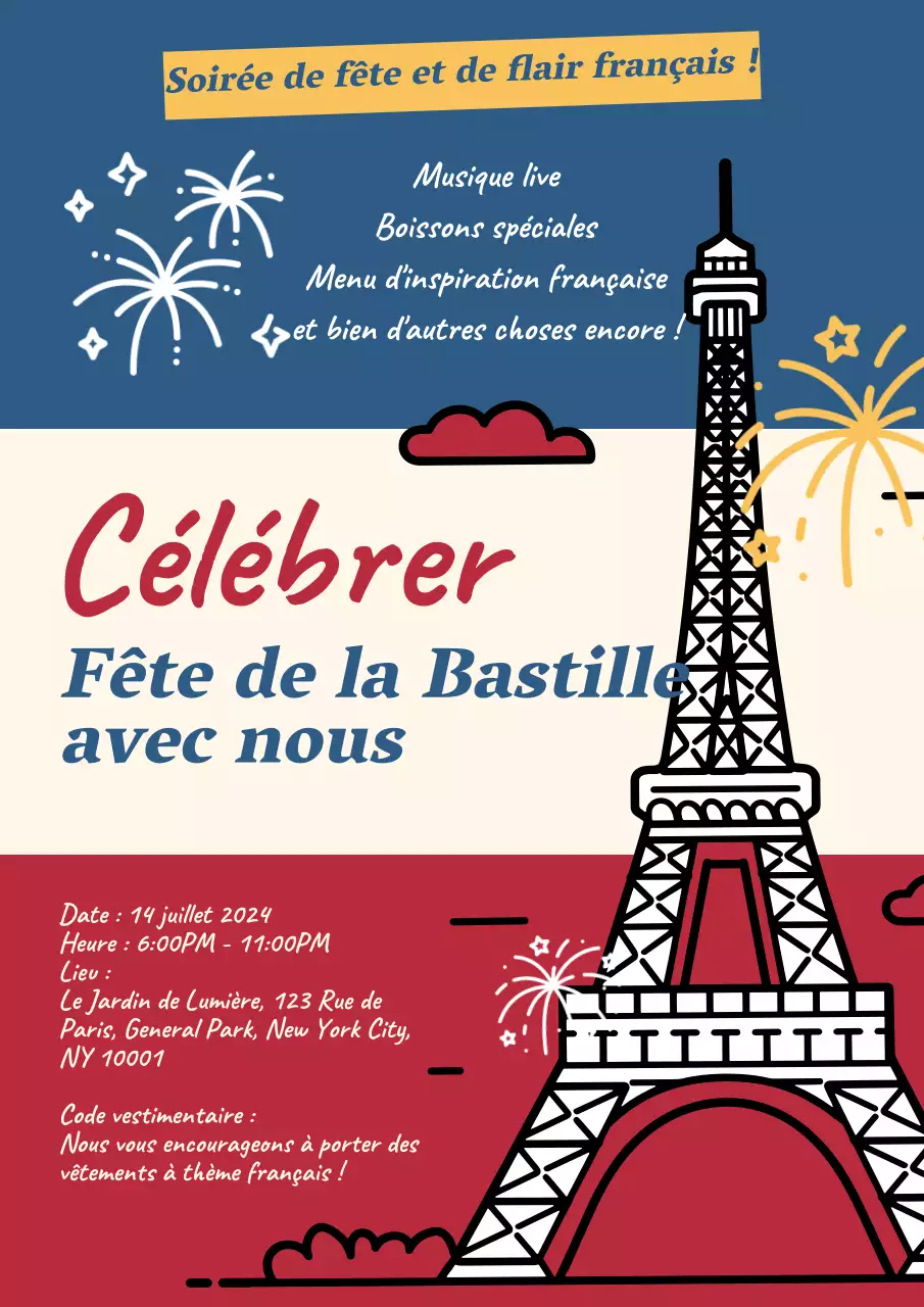Affiche publicitaire rouge et bleue célébrant le jour de la Bastille