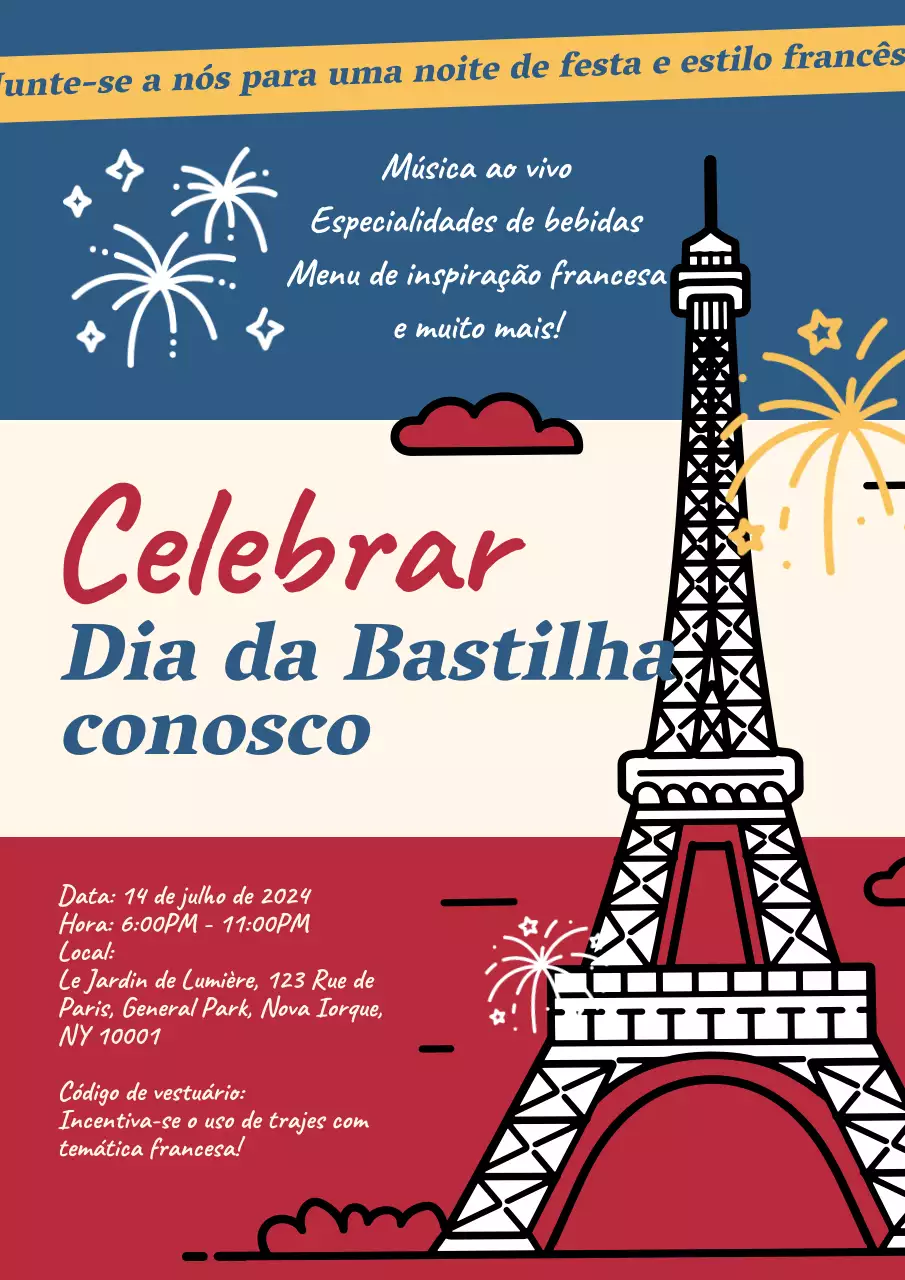 Anúncio de cartaz vermelho e azul para celebrar o Dia da Bastilha