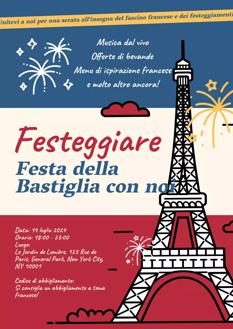 Poster pubblicitario rosso e blu per celebrare la Giornata della Bastiglia