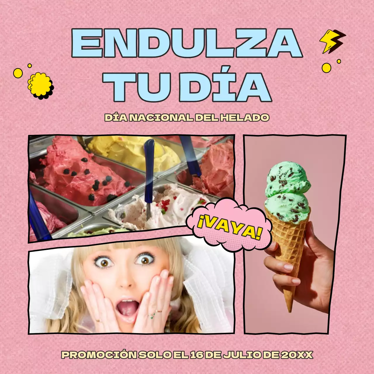 anuncio del dia del helado retro rosa azul