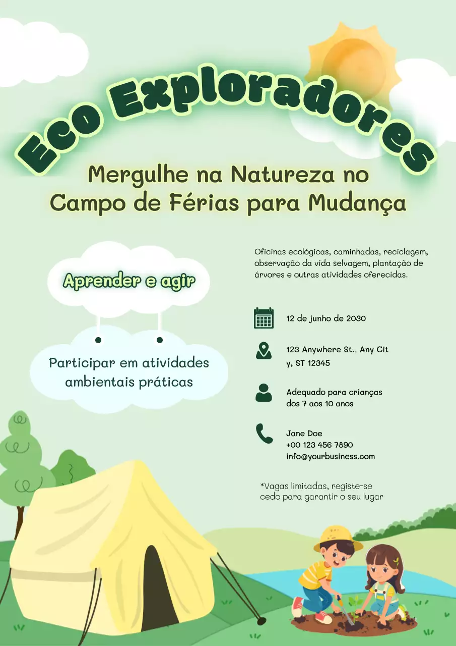Folheto de anúncio do campo de férias Green Simple