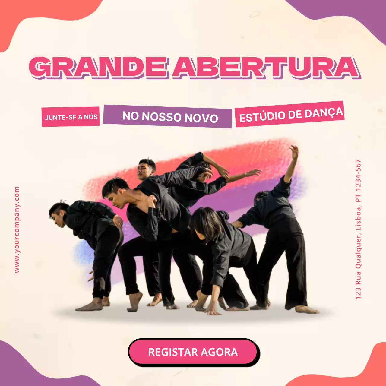 Anúncio de um estúdio de dança simples, cor-de-rosa e roxo