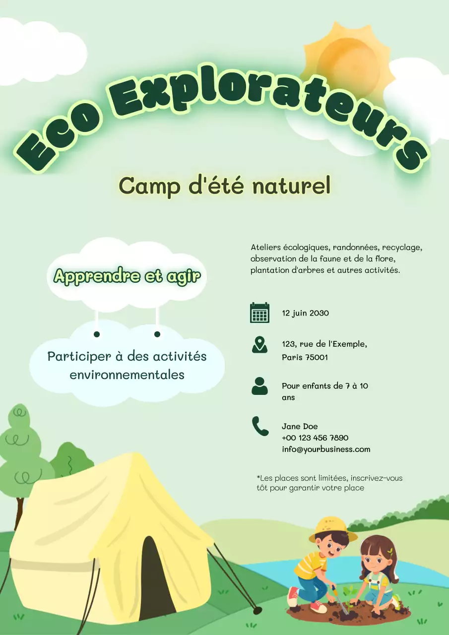 Flyer d'annonce du camp d'été Green Simple
