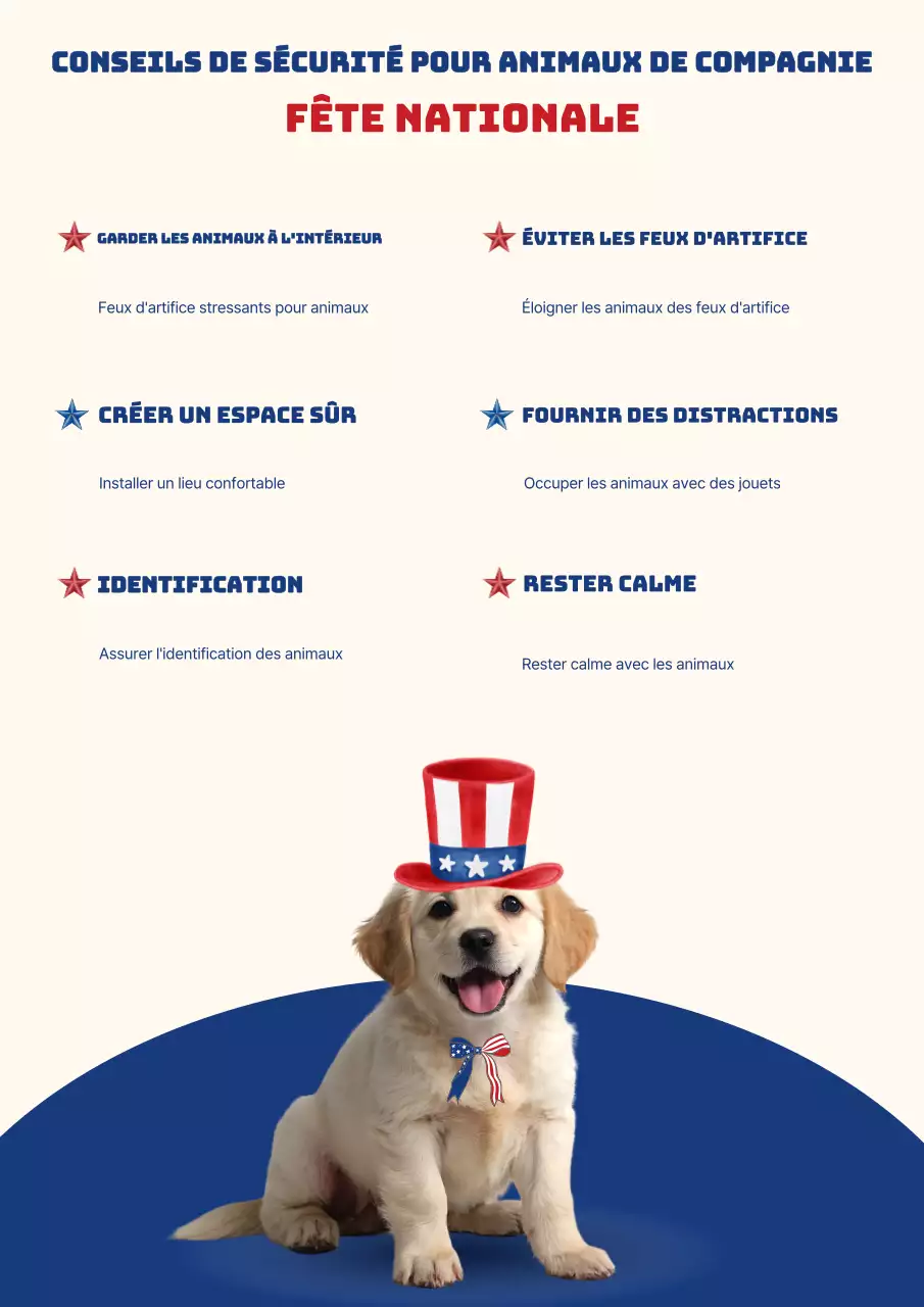 Poster infographique rouge et bleu sur la sécurité des animaux de compagnie, simple et propre
