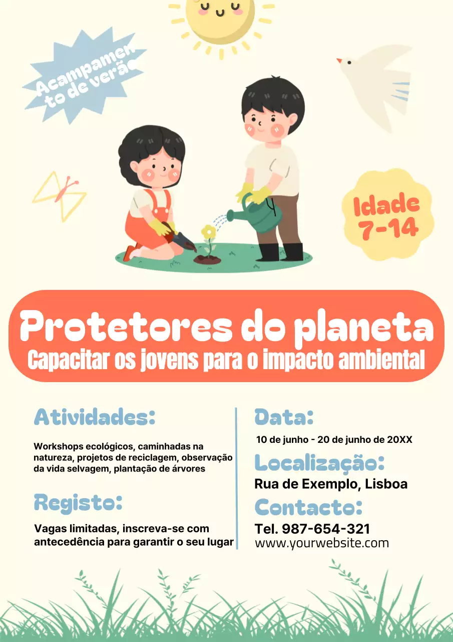 Brilhante e bonito Ilustração do cartaz de anúncio do acampamento de verão para mudanças ambientais
