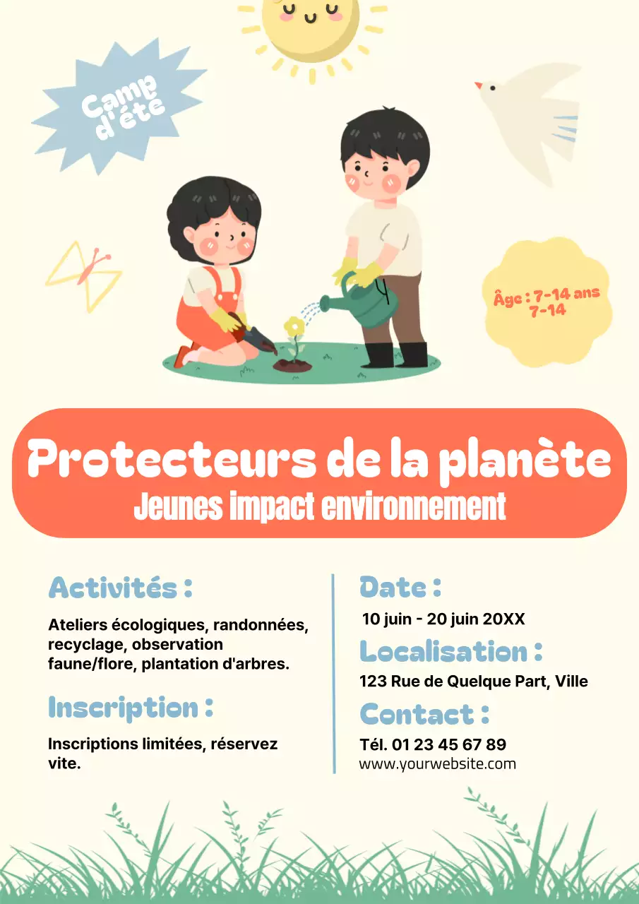 Affiche d'annonce d'un camp d'été sur le thème du changement environnemental, illustrée de façon claire et mignonne