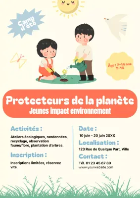 Affiche d'annonce d'un camp d'été sur le thème du changement environnemental, illustrée de façon claire et mignonne