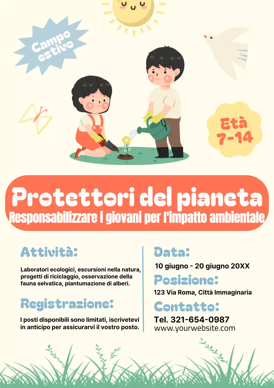 Luminoso Illustrazione carina del manifesto di annuncio del campo estivo per il cambiamento ambientale