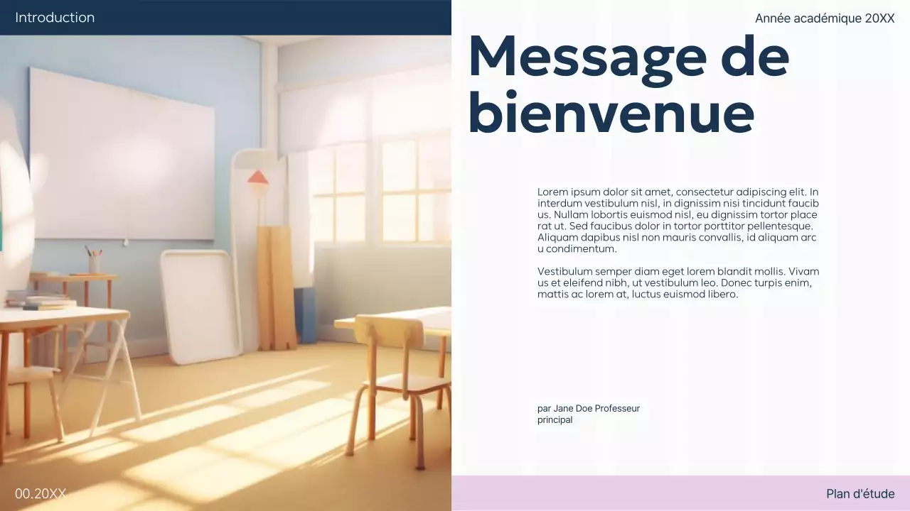 Présentation du plan d'étude de la salle de classe de base pour le violet, le vert et l'uni