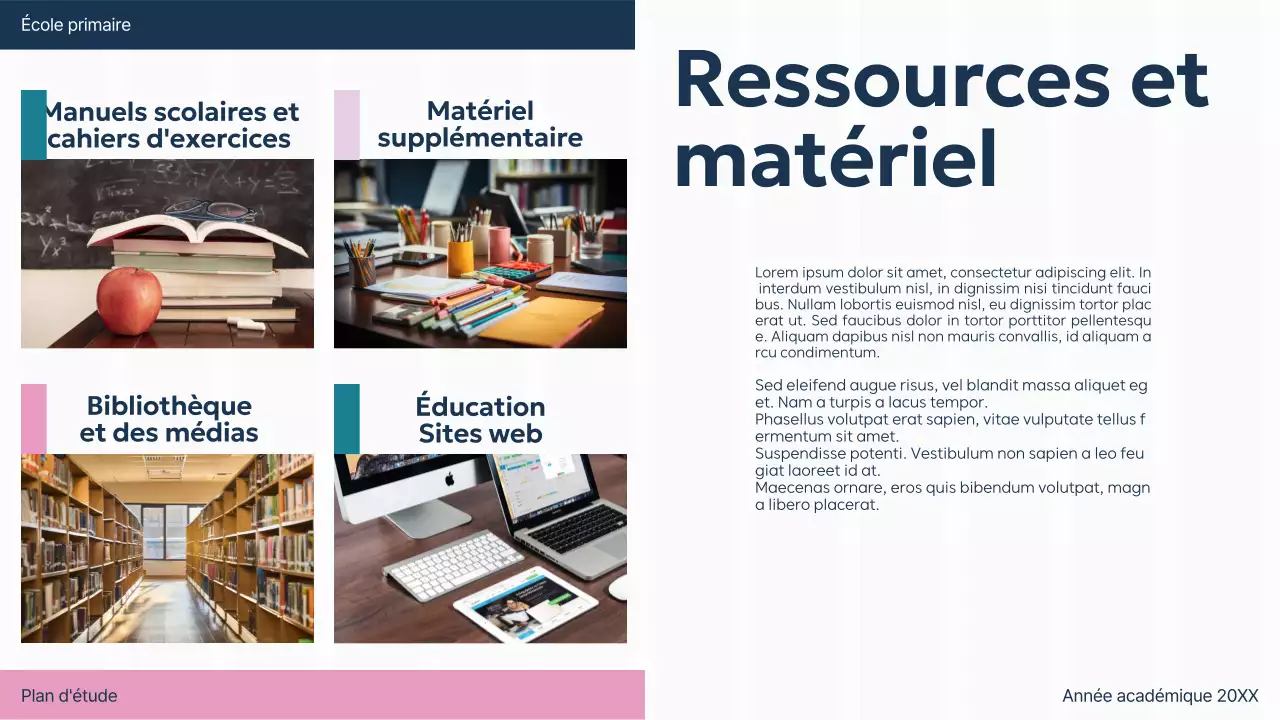 Présentation du plan d'étude de la salle de classe de base pour le violet, le vert et l'uni