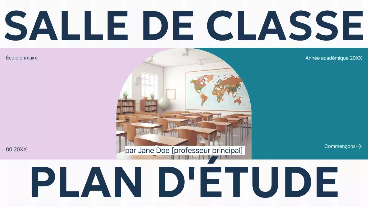 Présentation du plan d'étude de la salle de classe de base pour le violet, le vert et l'uni