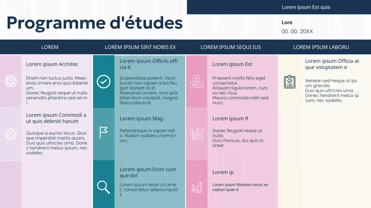 Présentation du plan d'étude de la salle de classe de base pour le violet, le vert et l'uni