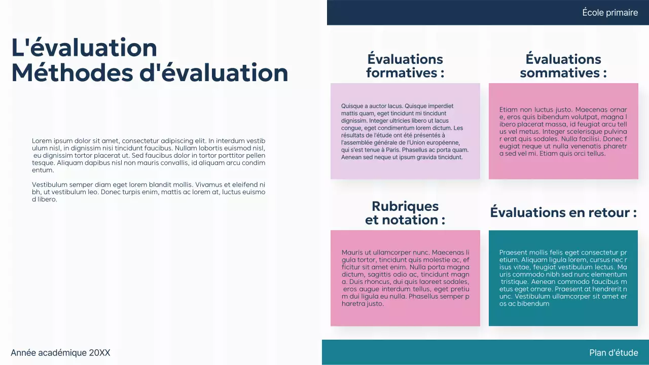 Présentation du plan d'étude de la salle de classe de base pour le violet, le vert et l'uni