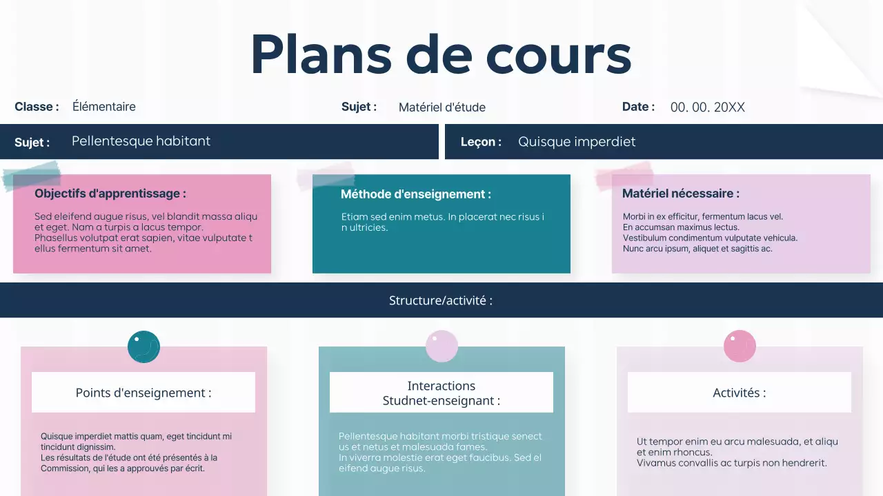 Présentation du plan d'étude de la salle de classe de base pour le violet, le vert et l'uni