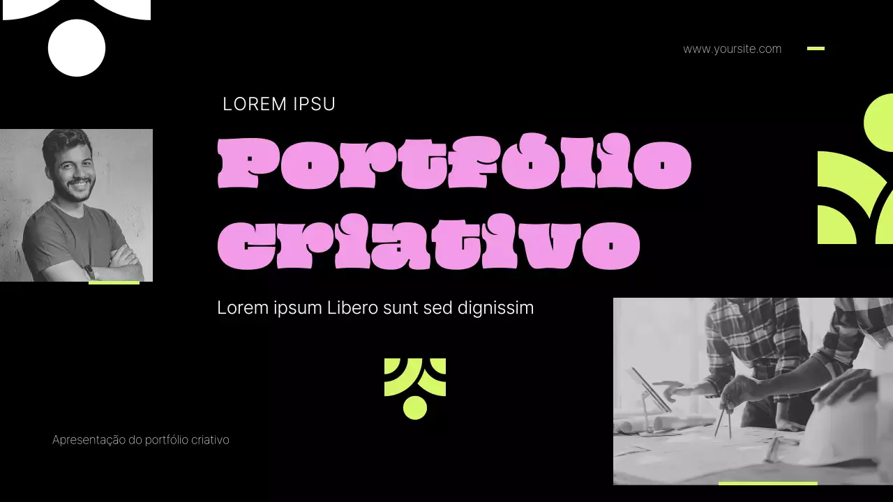 Portfólio criativo rosa e lima em negrito