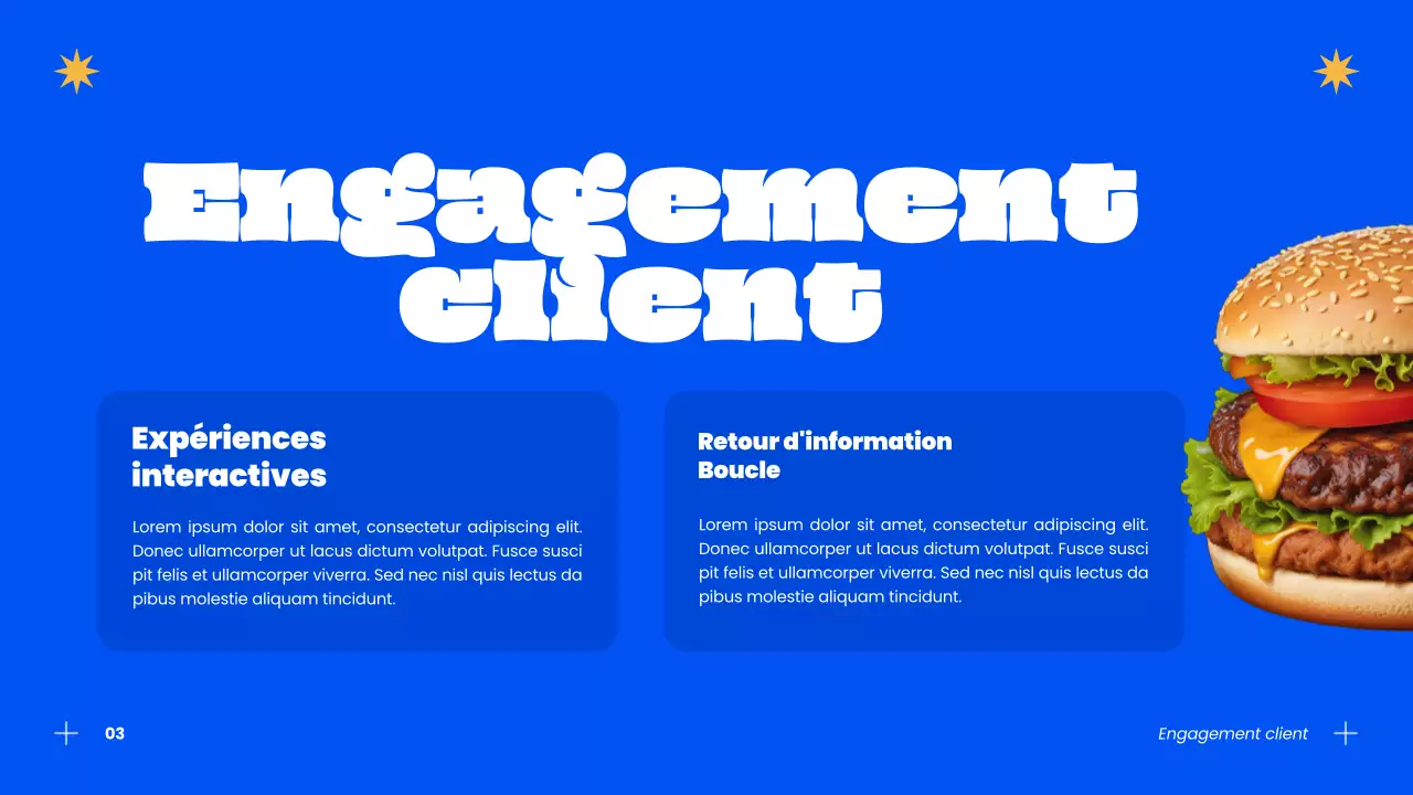 Stratégie de réussite commerciale pour les burgers modernes bleus et orange