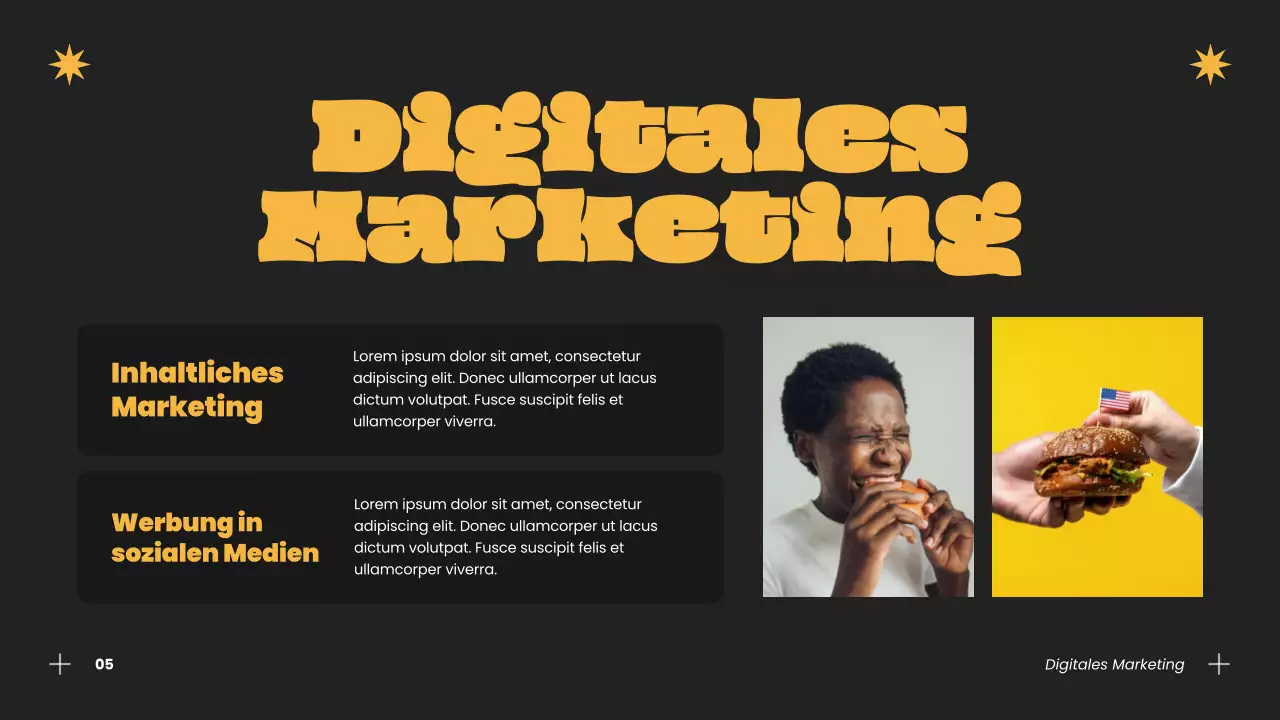 Blaue und orangefarbene Erfolgsstrategie für moderne Burger