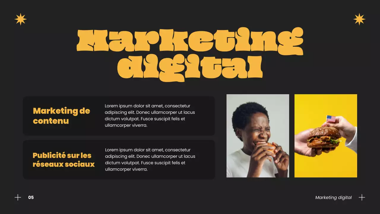 Stratégie de réussite commerciale pour les burgers modernes bleus et orange